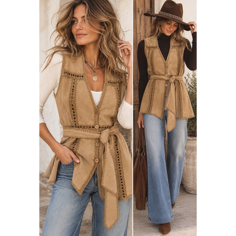 Vintage Sweater Bee M Genuine Suede Leather Crochet Belted Boho Western Vest